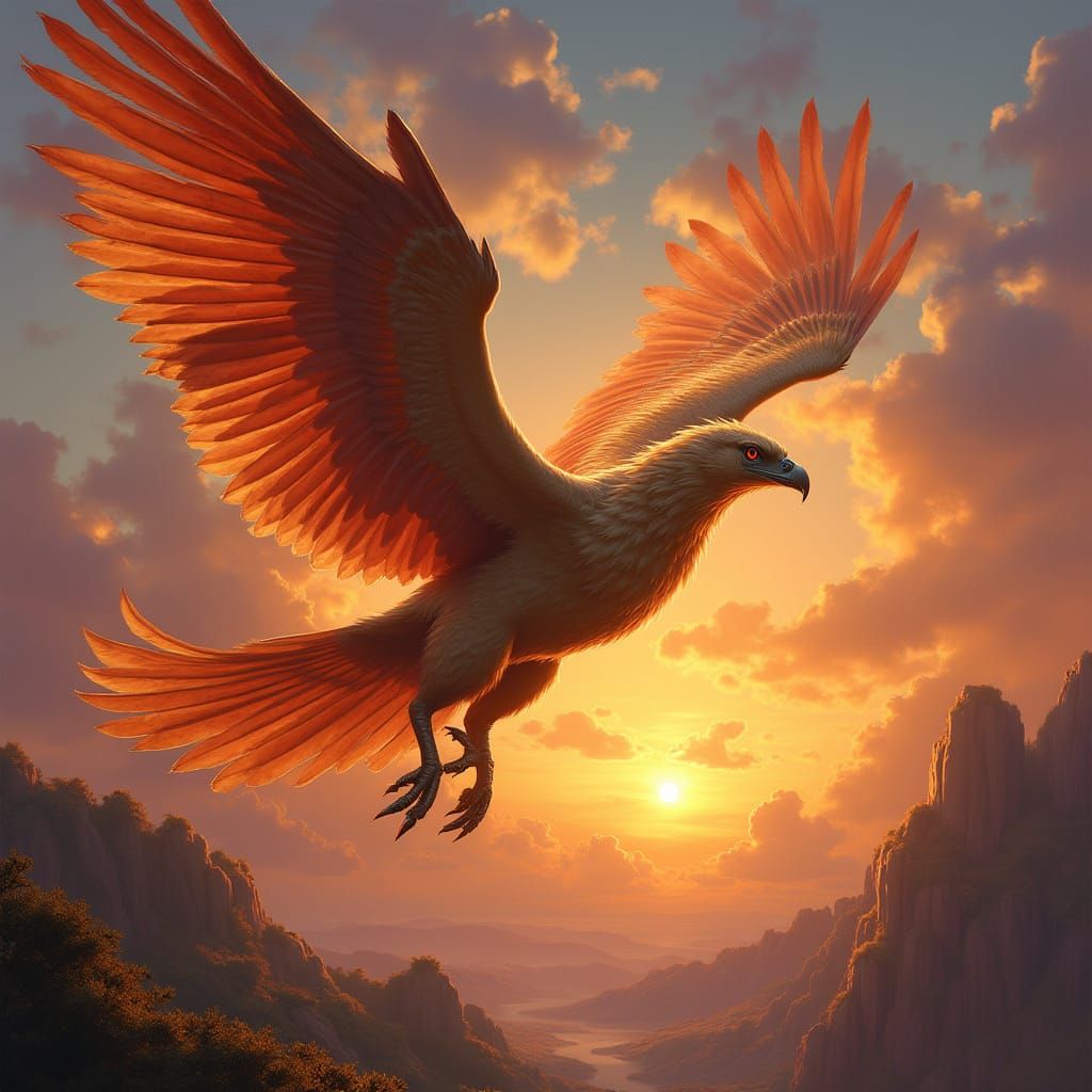 Majestic Griffin Flies Through Vibrant Sunset Sky
