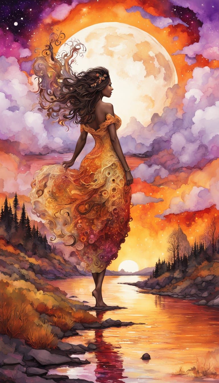 Ethereal Moon Woman in Autumn Landscape, Alcohol Ink Art