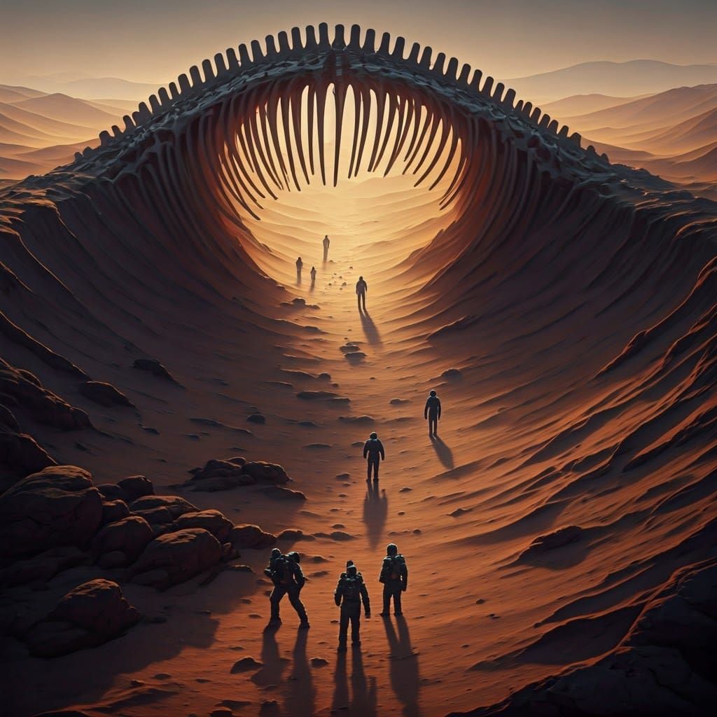 Alien Dinosaur Skeleton in Desert Planet Landscape