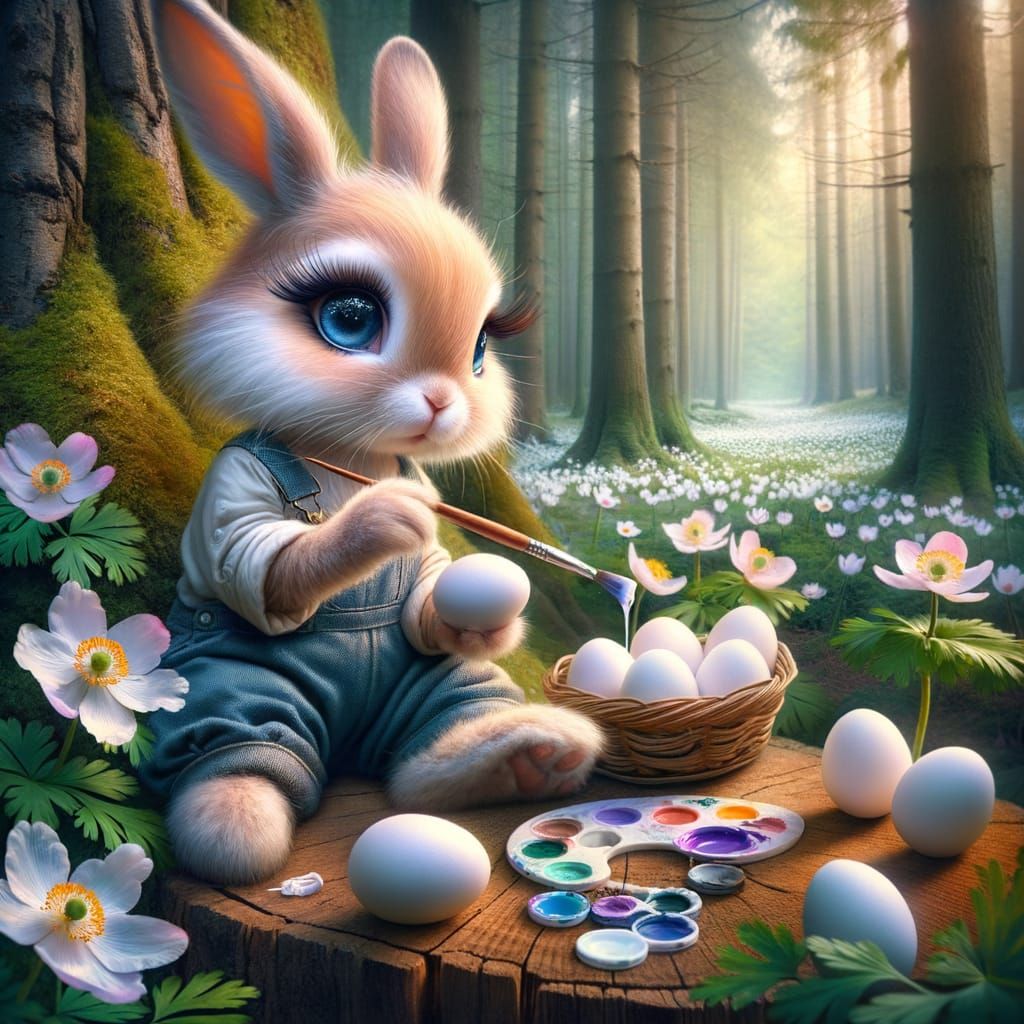A female rabbit wearing overalls and a shirt sitting on a tree trunk and painting eggs, in the middle of the forest with...