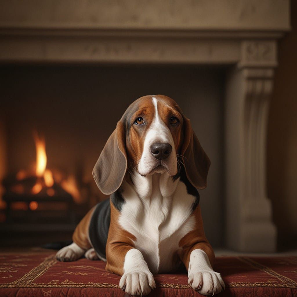 Noble Basset Hound Portrait in Warm Fireplace Light