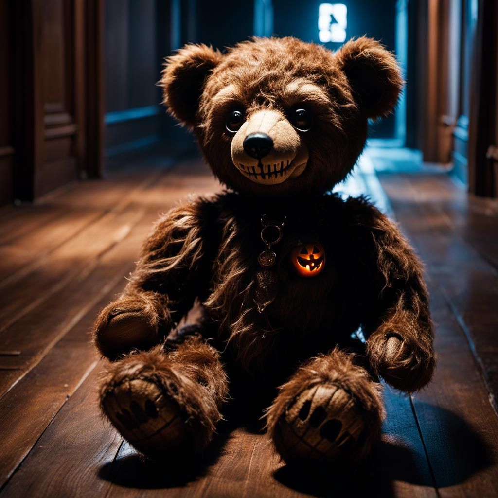 Surreal Skeletal Teddy Bear in Haunted Hallway