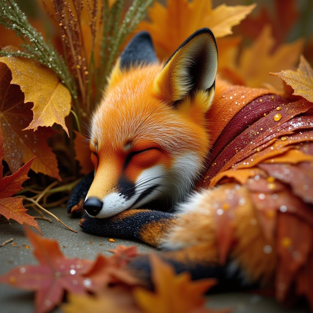 Sleeping Fox in Autumnal Fantasy Landscape