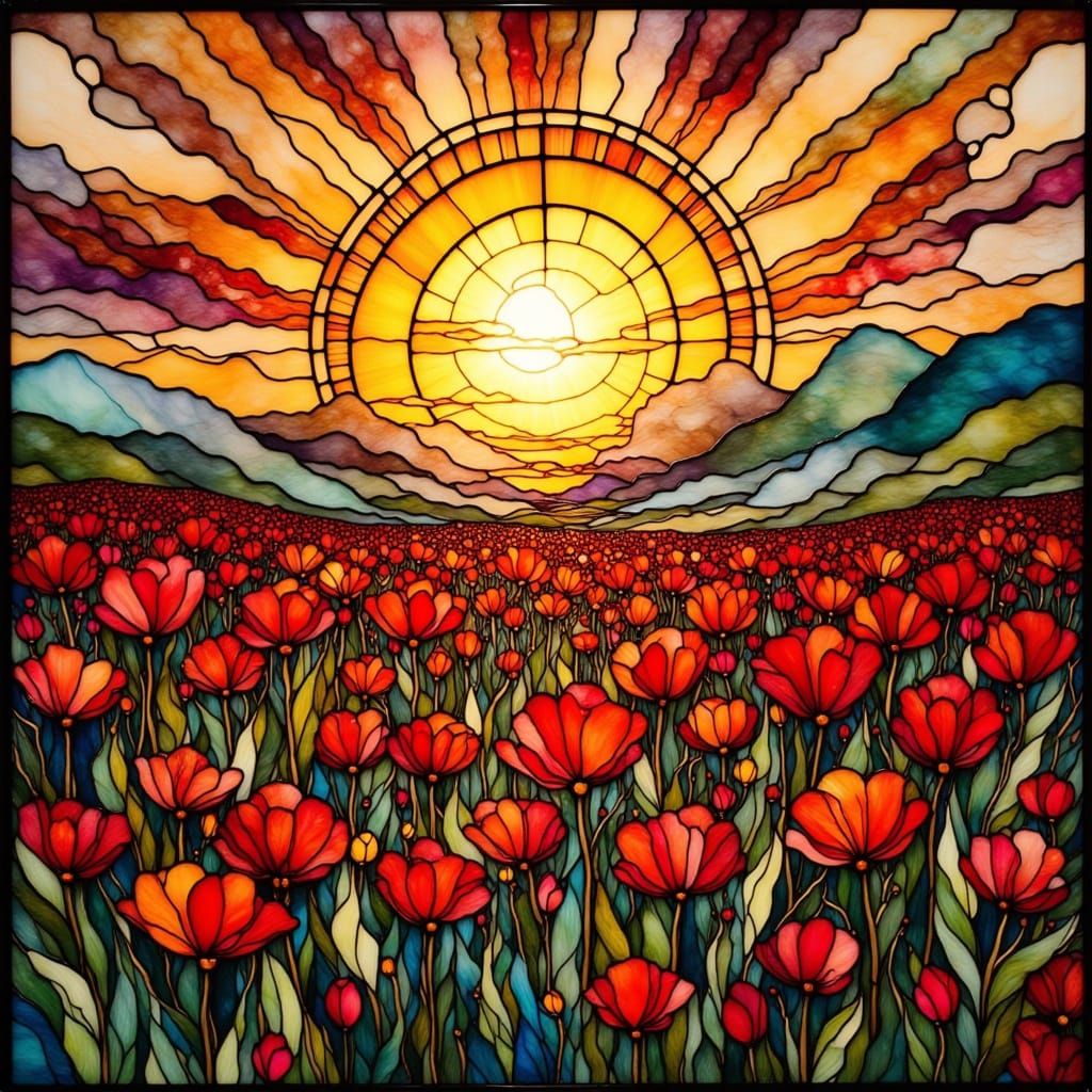 Stained Glass Poppy Field in Art Nouveau Style