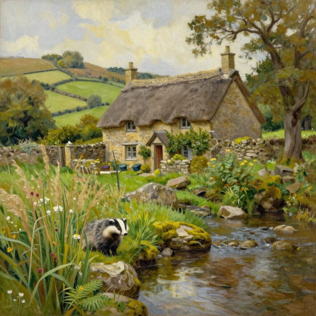 Cozy English Countryside Cottage with Badger in Oil Painting...