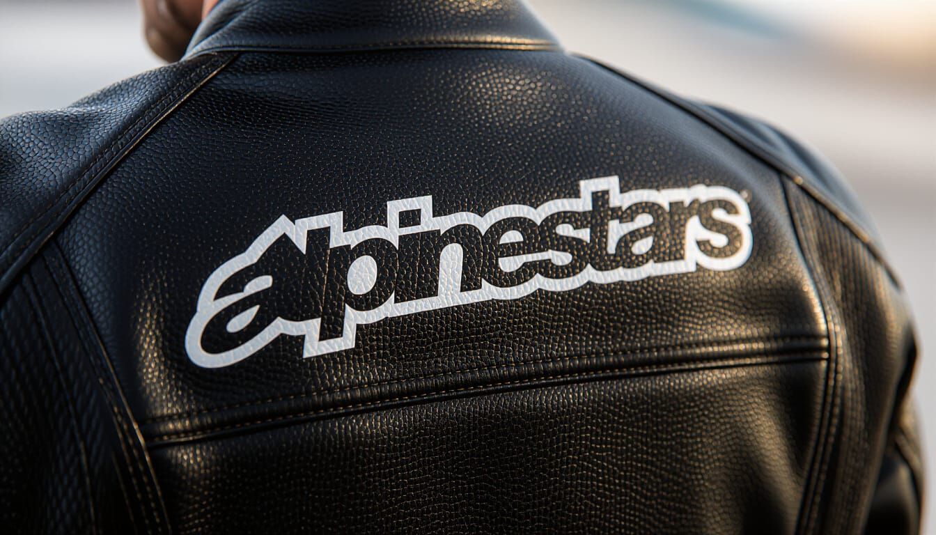 Alpinestars Leather Jacket Logo: Hyper-Realistic Close-Up