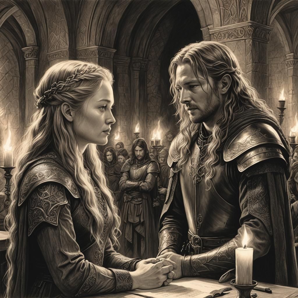 Eowyn and Faramir in Candlelit Hall: Charcoal Drawing