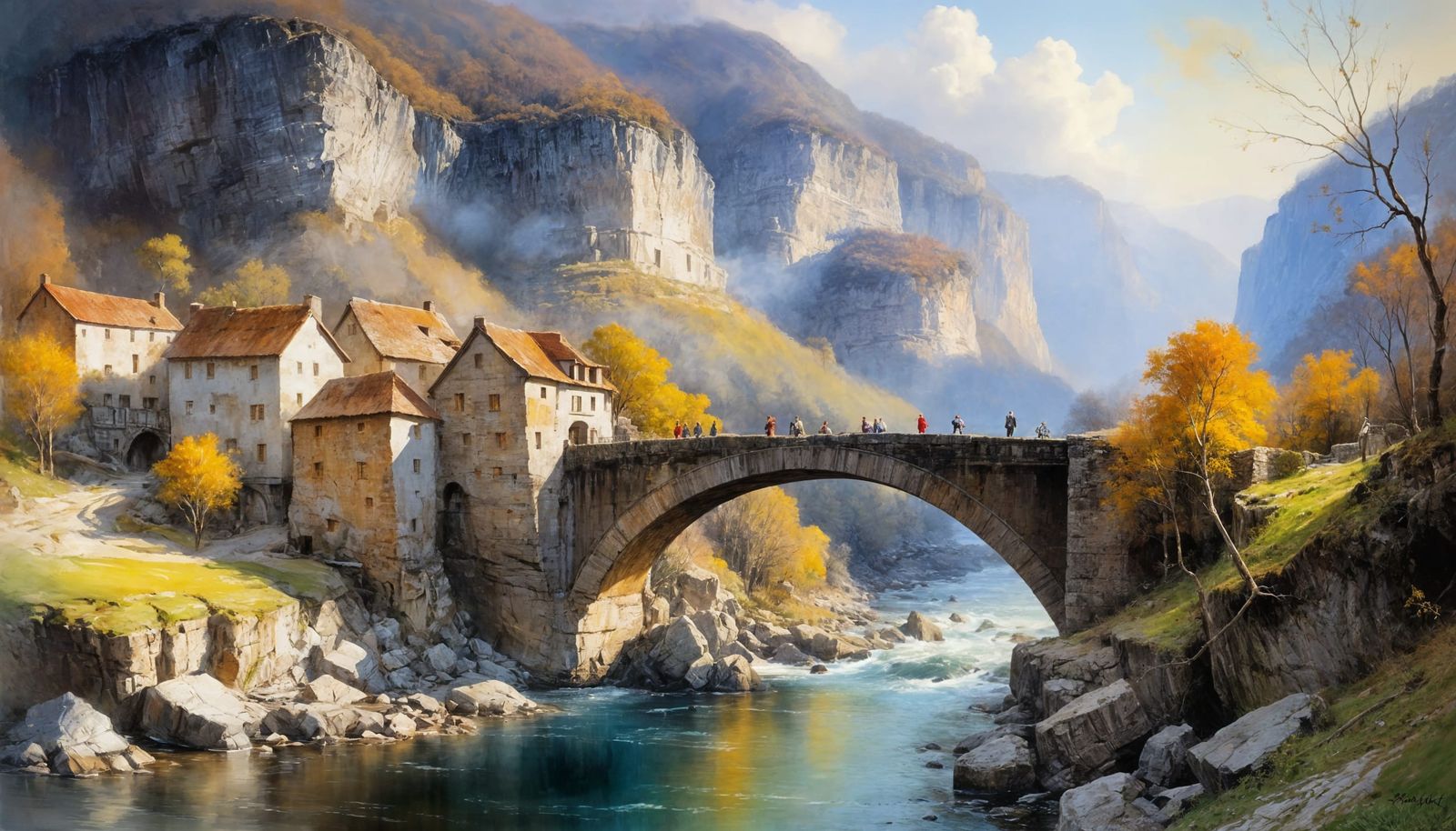 Chiaroscuro Village Scene with Ancient Bridge