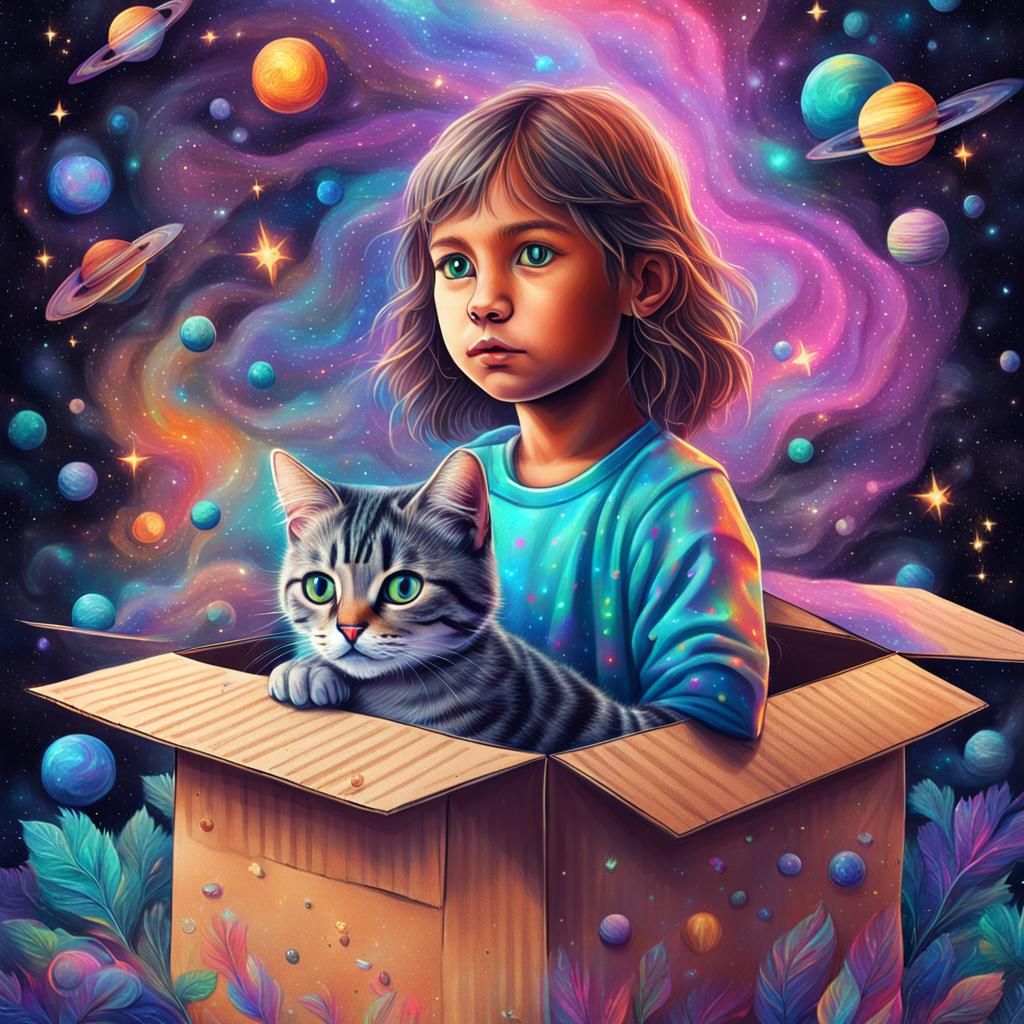Girl Finds Lost Kitten: Cosmic Illustration