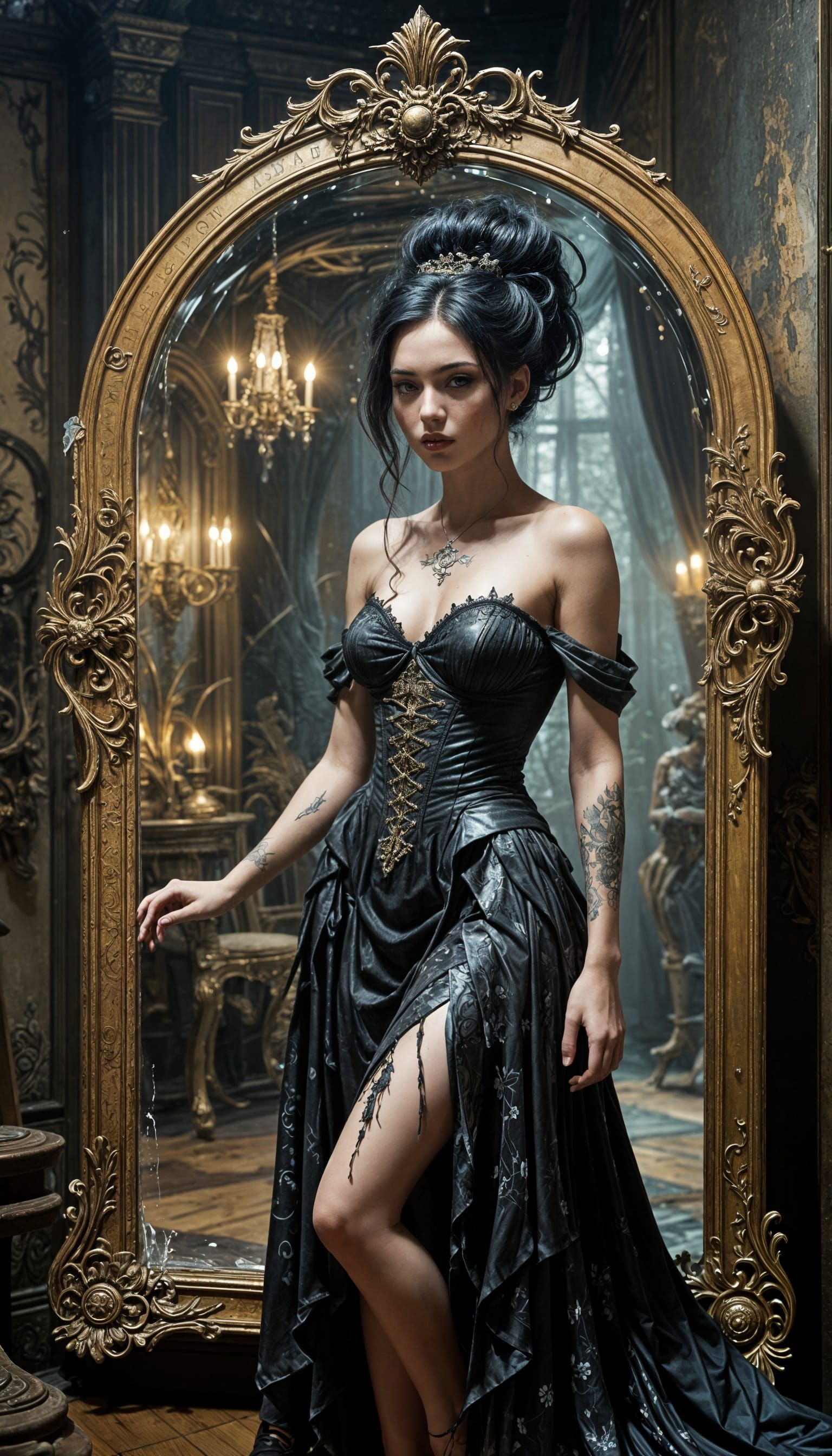 Surreal Woman Entranced by Swirling Mirror