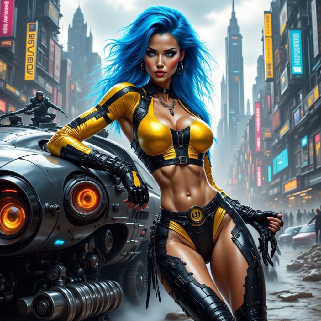 Cybernetic Bodybuilder with Hovercraft in Dystopian Cityscap...