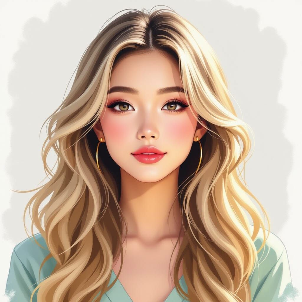 Asian Woman's Watercolour Portrait with Elaborate Blonde Hai...