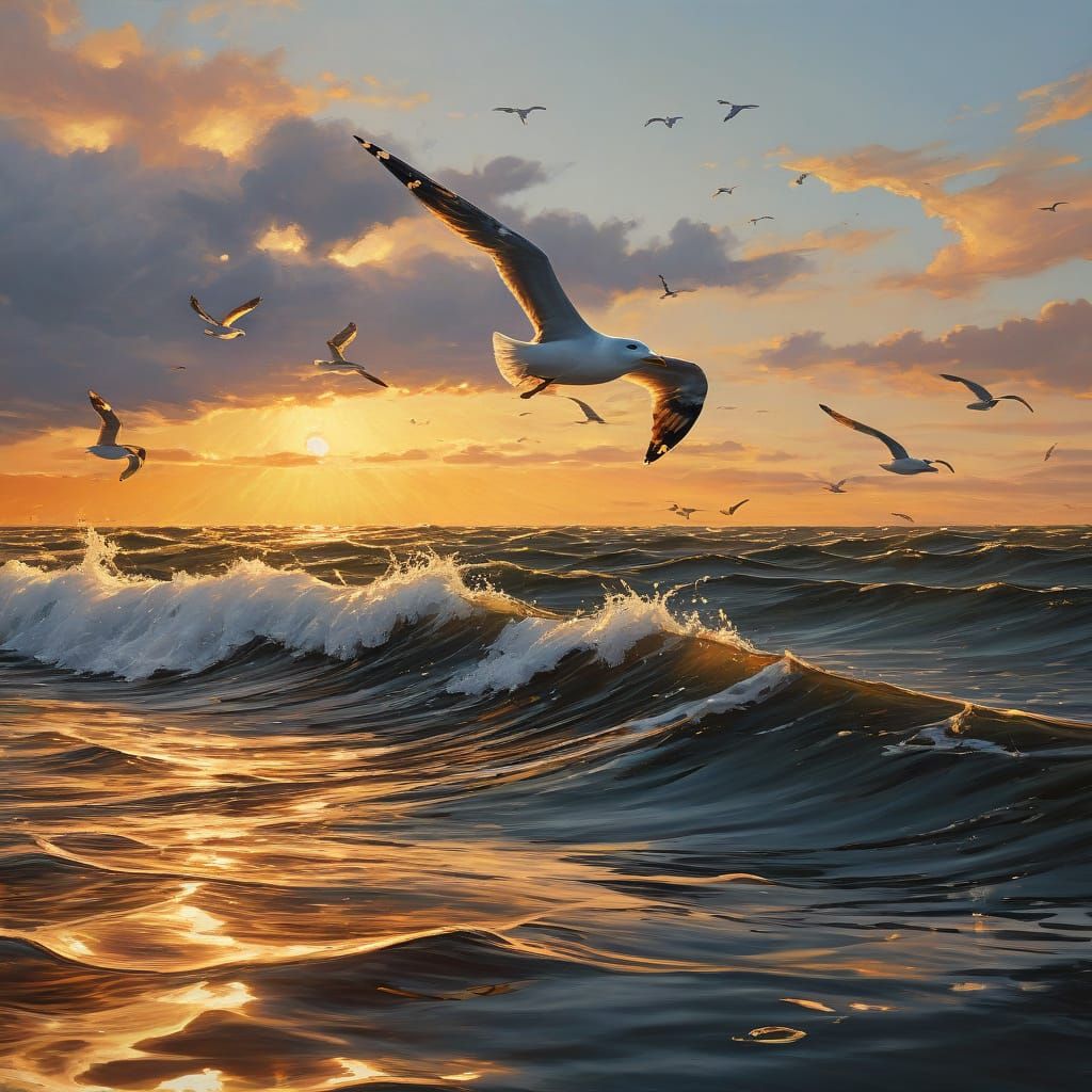 Serene Sunset Seagull: Vibrant Oil Painting of Jonathan Livi...
