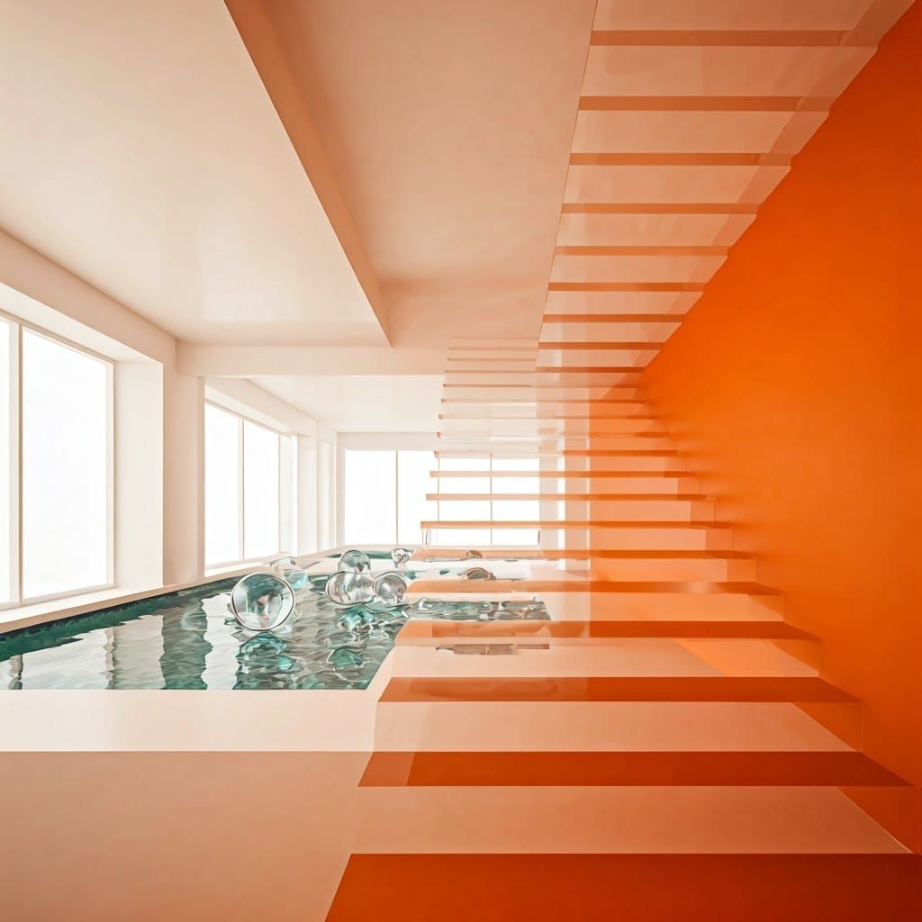 Futuristic Orange Living Room with Pool in Space Age Style