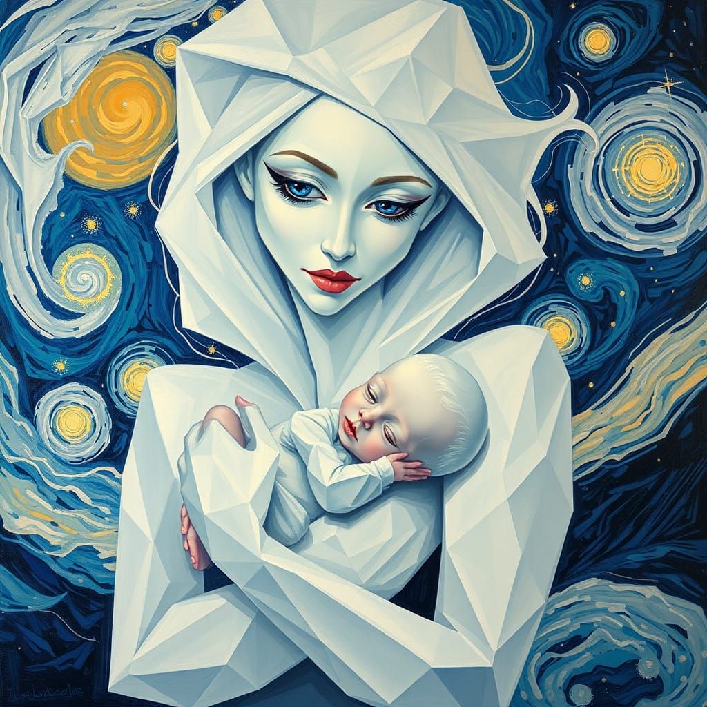 Cubist Mother and Child in Starry Night Sky
