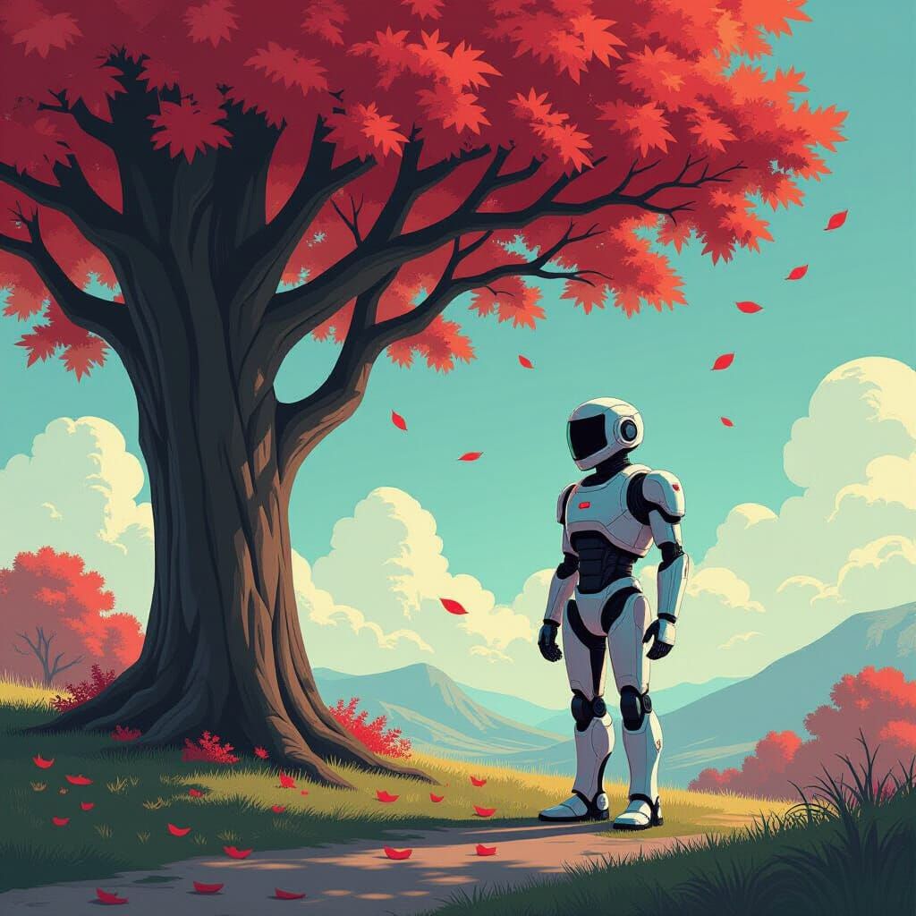 Futuristic Robot Beside Vibrant Tree in Serene Landscape