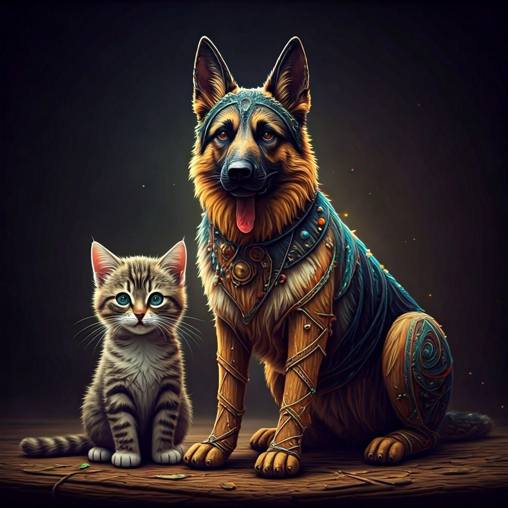 String Animal Parade: Kitten and German Shepherd Art