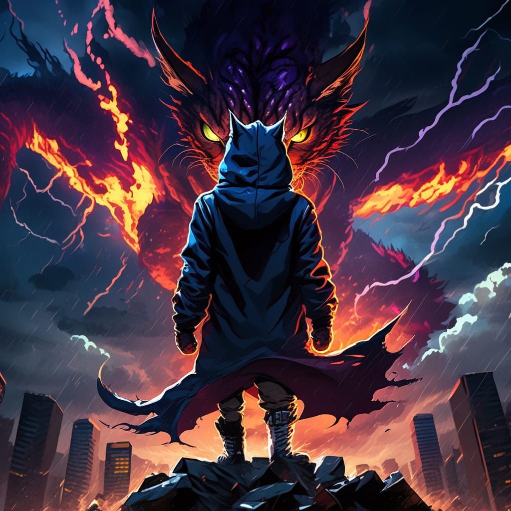 Anime Cat Confronts Dragon in Apocalyptic Storm