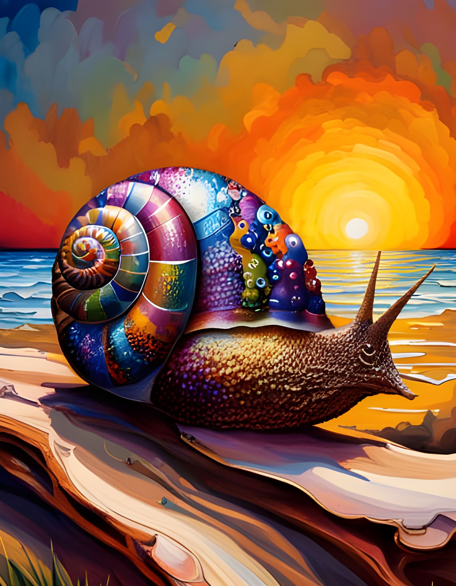 Colorful Snail on Rocky Beach at Sunset: Surreal Pointillism