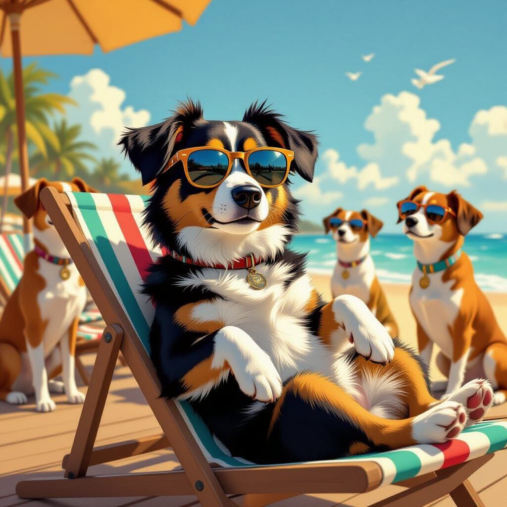 Cool Dog on Beach with Admirers in Golden Light