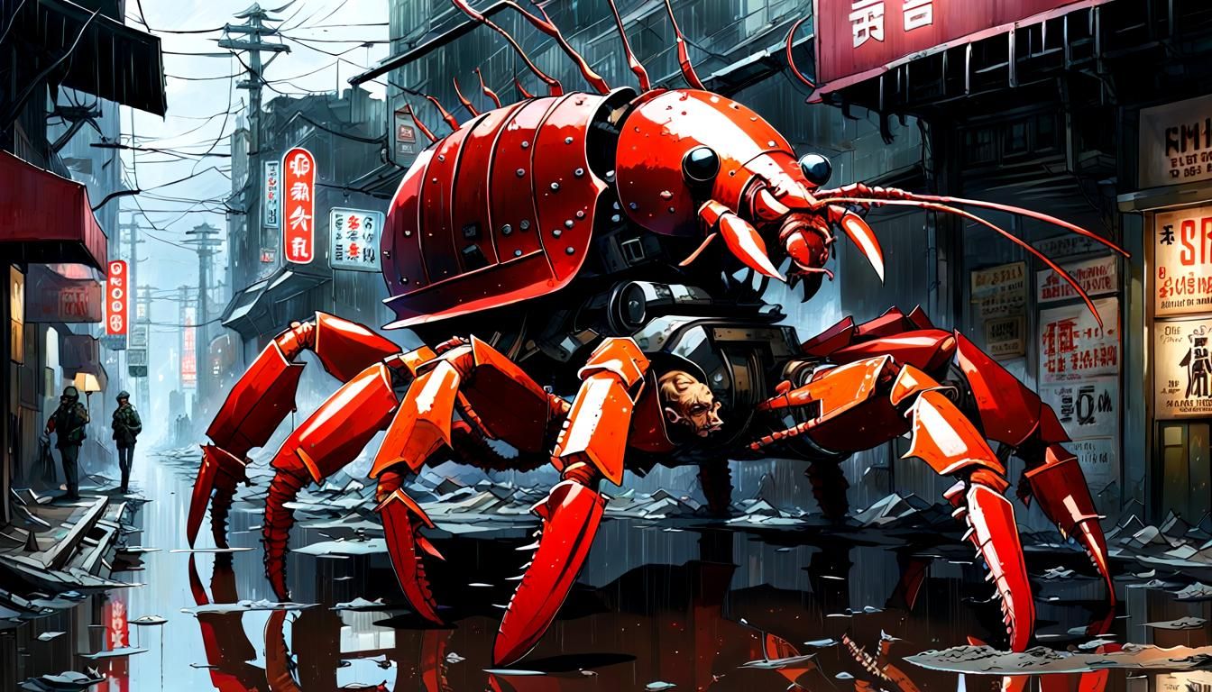 Colossal Mechanical Lobster Havoc in Post-Apocalyptic City