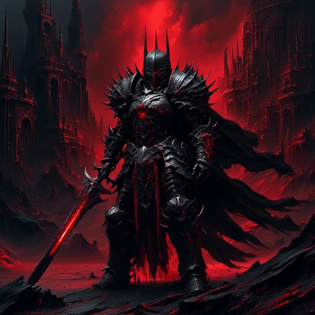 Dark-fantasy, Dark Knight, gothic black armour with blood-re...