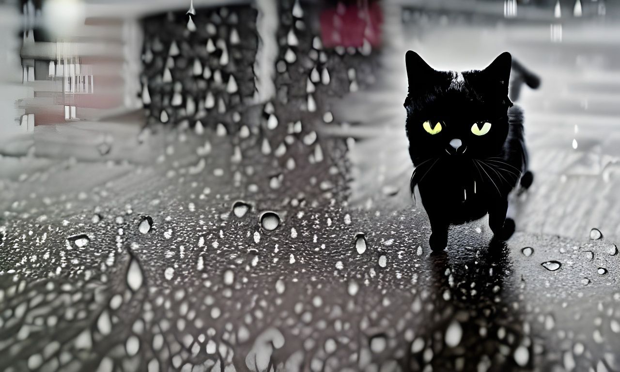 Black Cat Walks in Rainy Village: Photorealistic Film Still
