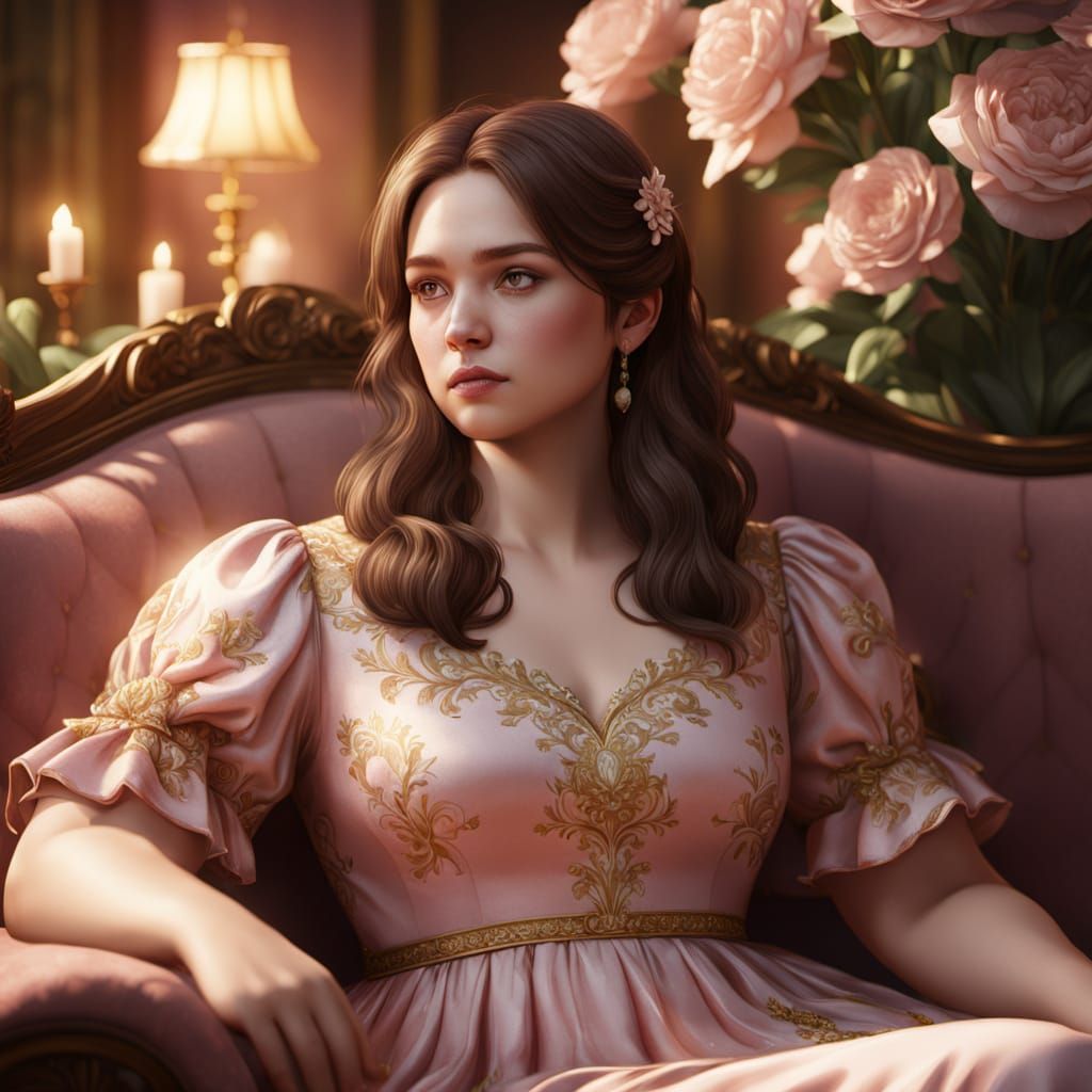 Dreamlike Fantasy Woman in Elegant Floral Dress