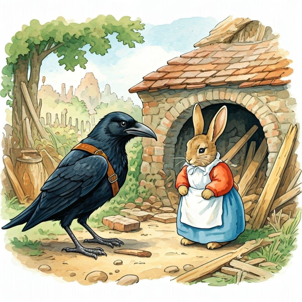 Crow and Rabbit at Ruined Den: Beatrix Potter Watercolor