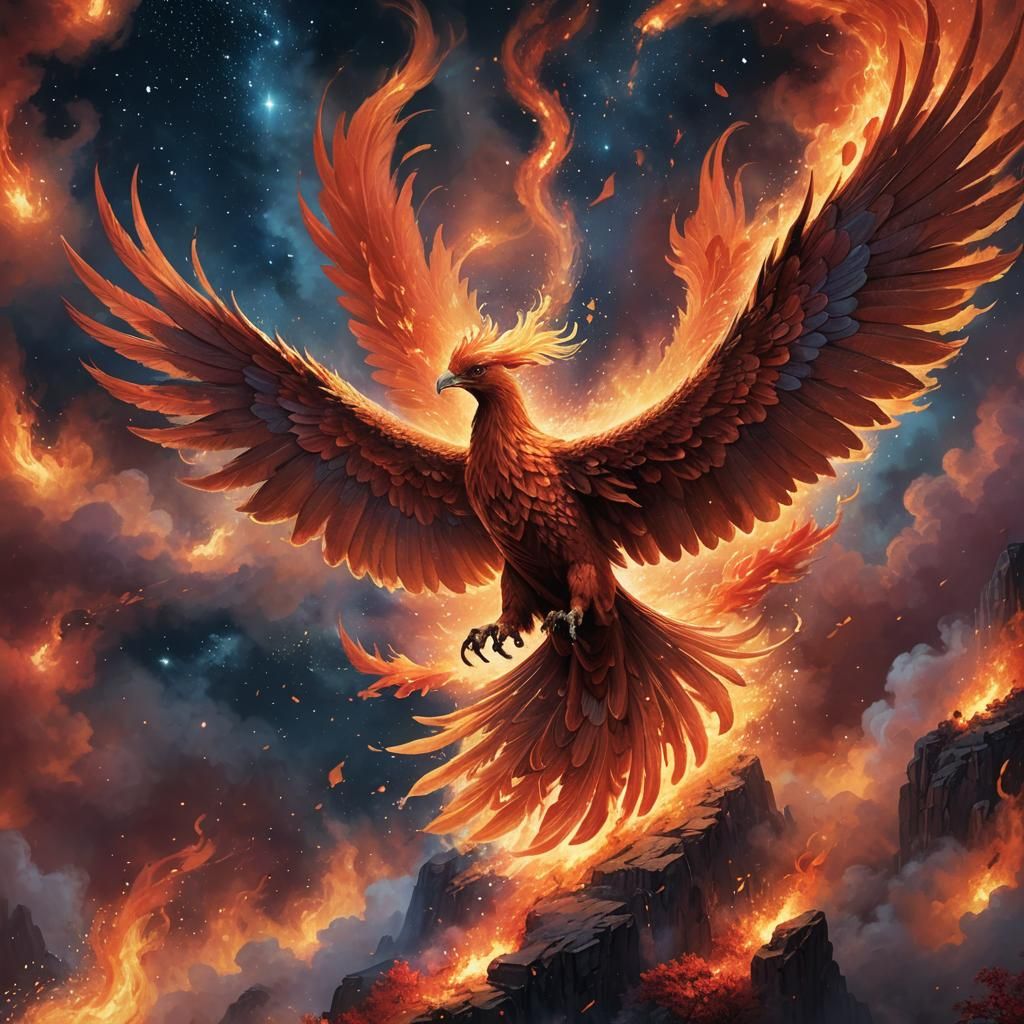Fiery Phoenix Soaring Through a Misty Night Sky