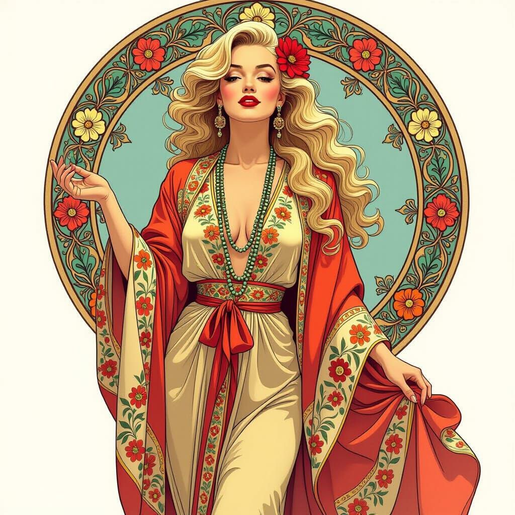 Marilyn Monroe as Exotic Hippy in Alphonse Mucha Style