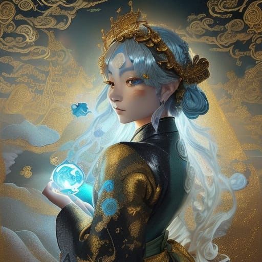 Gothic Woman in Cloak by Coastal Village