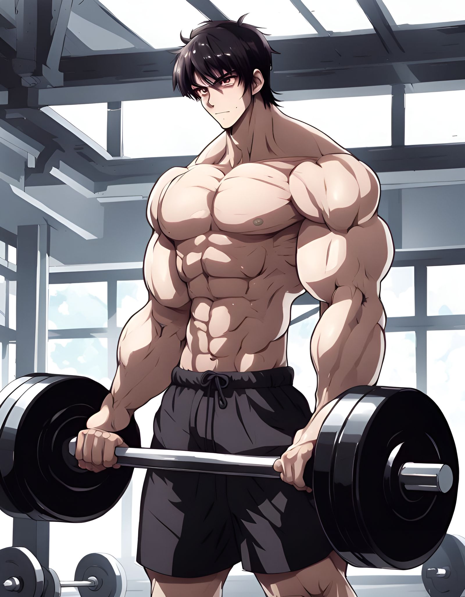Muscular Man Lifting Dumbbell in Anime Style Gym
