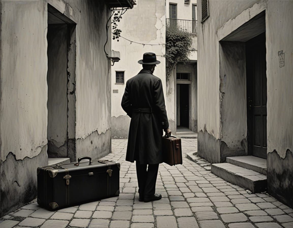 Elegant Man Waits for Godot in Intricate Patchwork Art