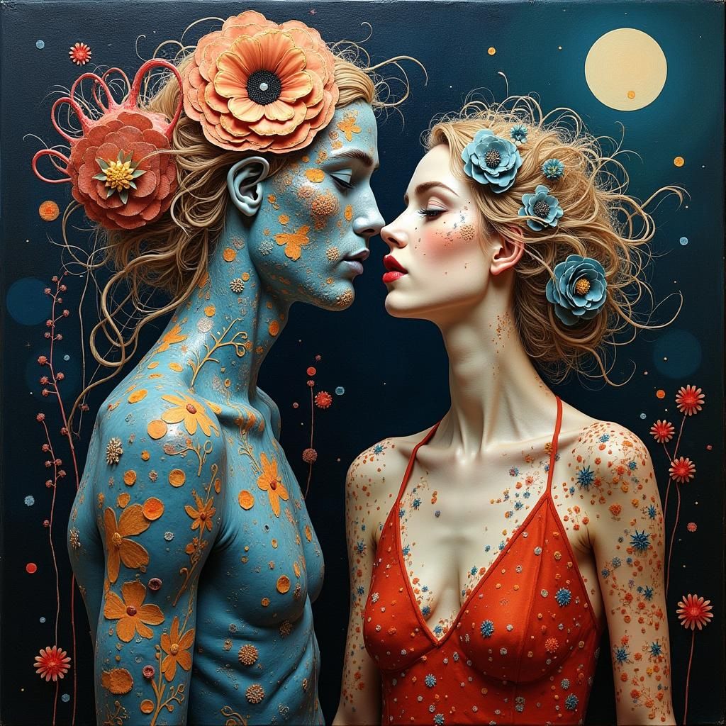 Encaustic Painting of a Lover's Rendezvous in Surrealist Sty...