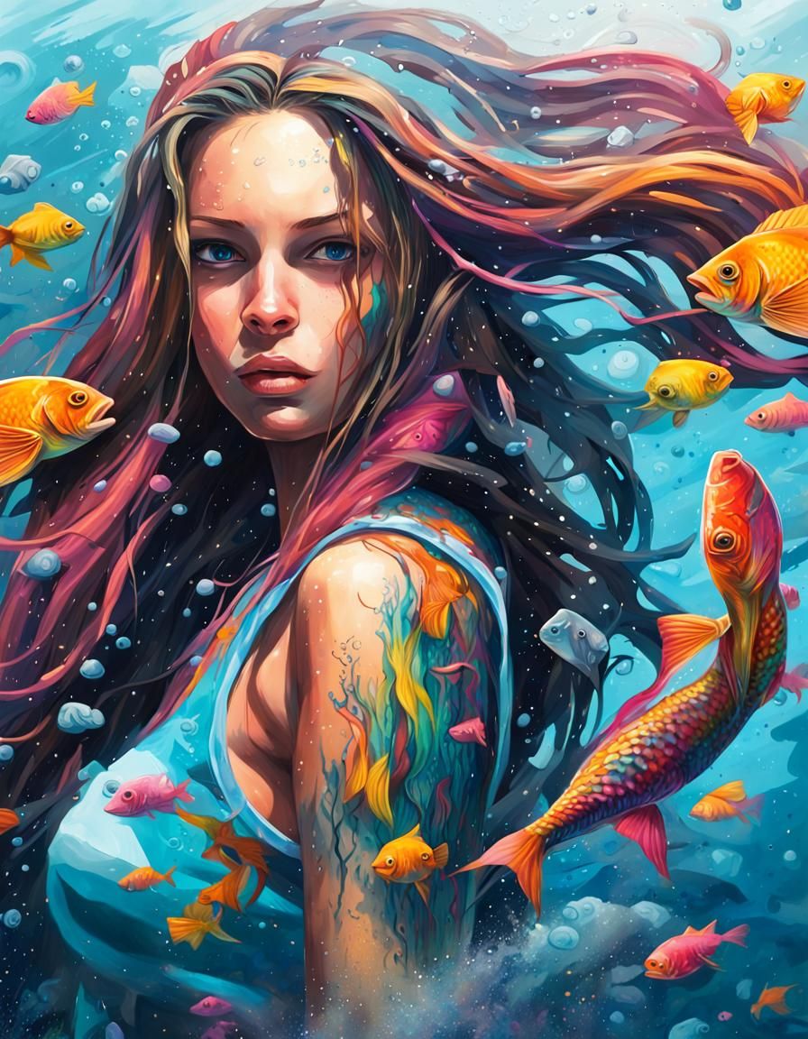 Underwater Aquagirl Graffiti Art in Polychromatic Style