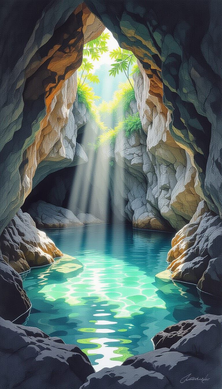 Sunlit Grotto in Graphite and Watercolor