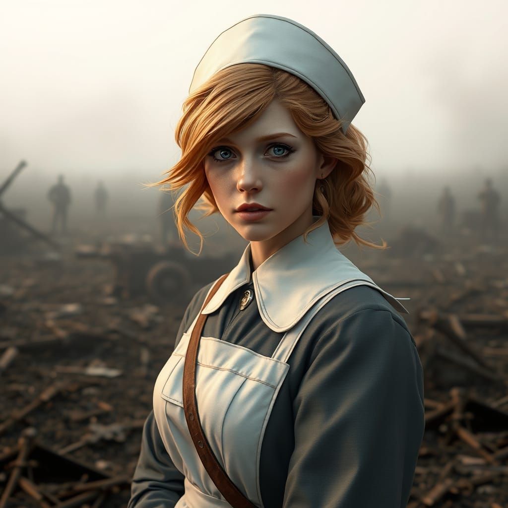 English Nurse in Desolate War-Torn Landscape