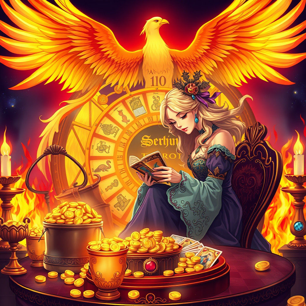 Blonde Tarot Reader with Wheel of Fortune, Anime Style