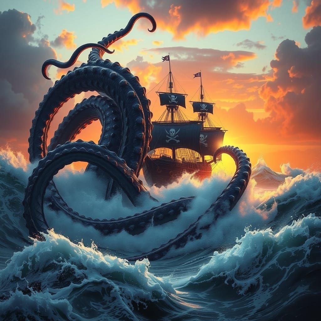 Kraken Attacks Pirate Ship in Stormy Sunset