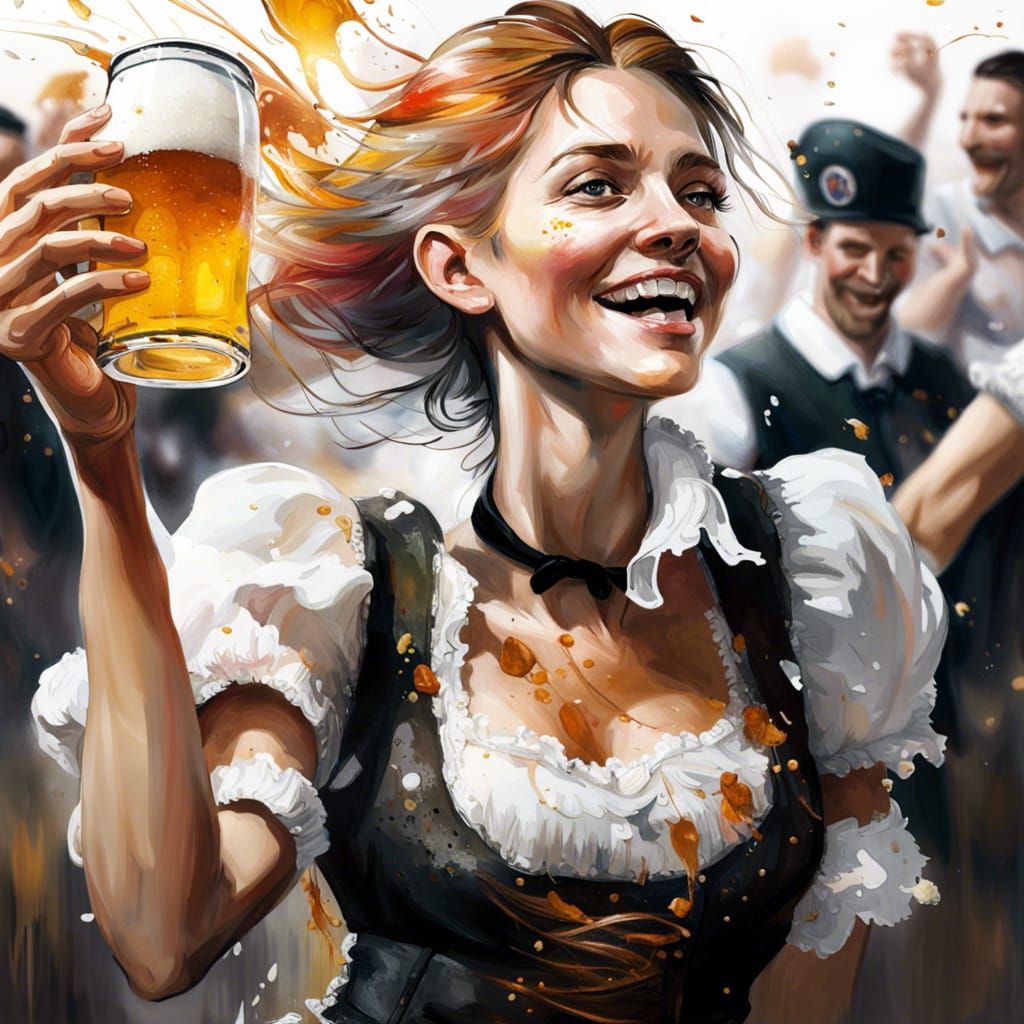 Oktoberfest Beer Maid Dances: Photorealistic Watercolor Art