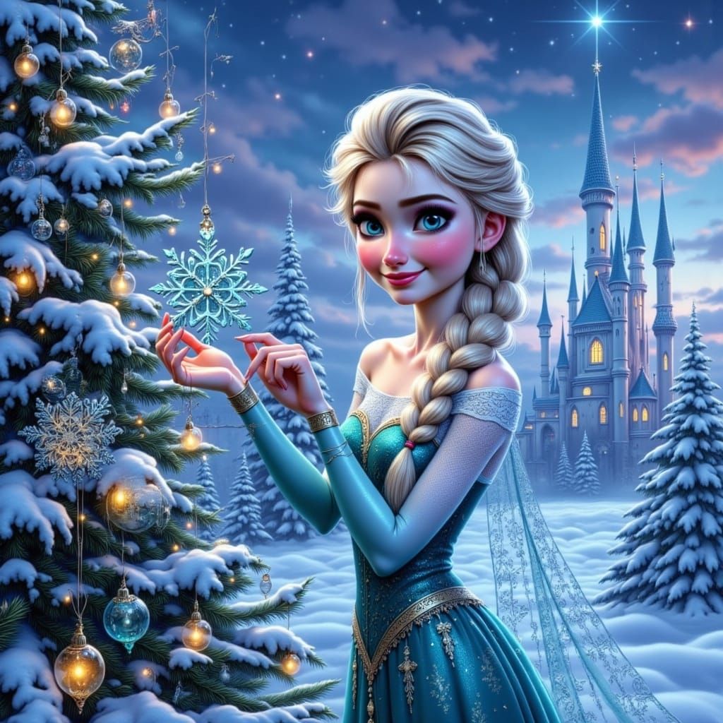 Elsa Decorates Enchanted Christmas Tree in Storybook Style