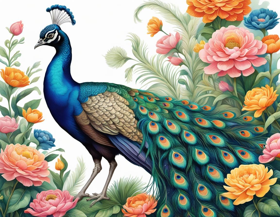 Peacock in a Colorful Flower Garden Illustration