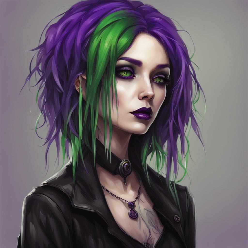 Gothic Woman with Purple and Green Hair
