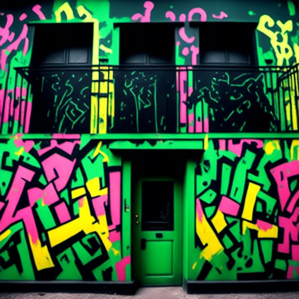 Graffiti-Covered Building in Street Art Style