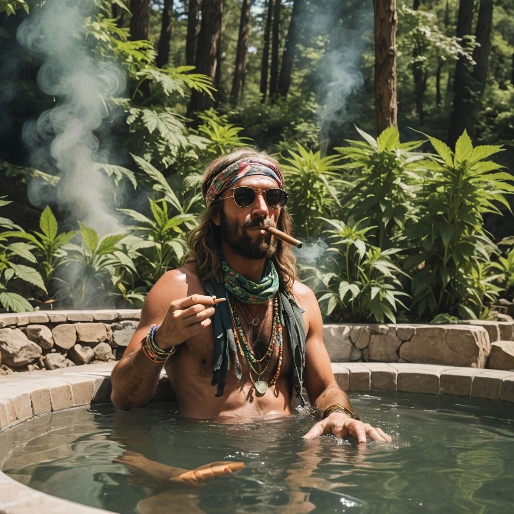 Hippie Stallion Smokes in Jacuzzi with Cannabis