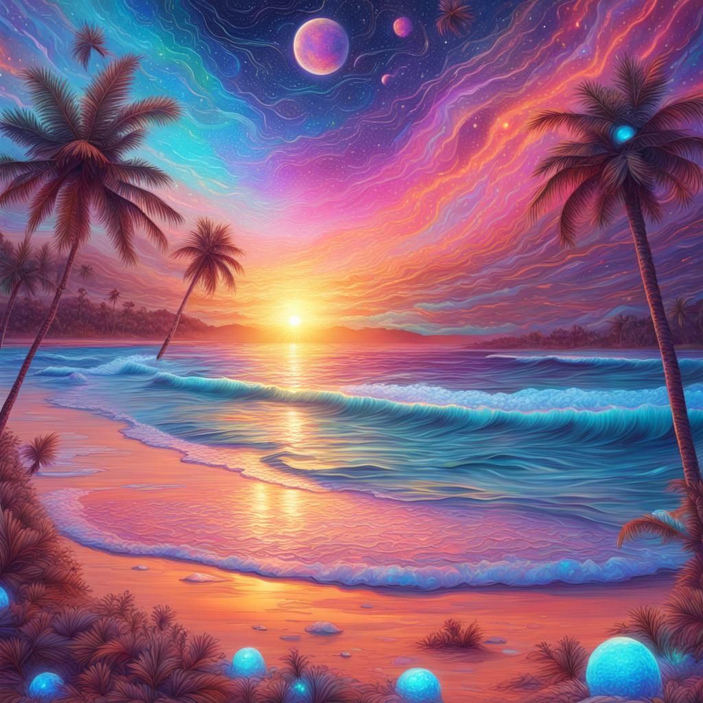 Sunset Beach: Holographic Astral Cosmic Illustration