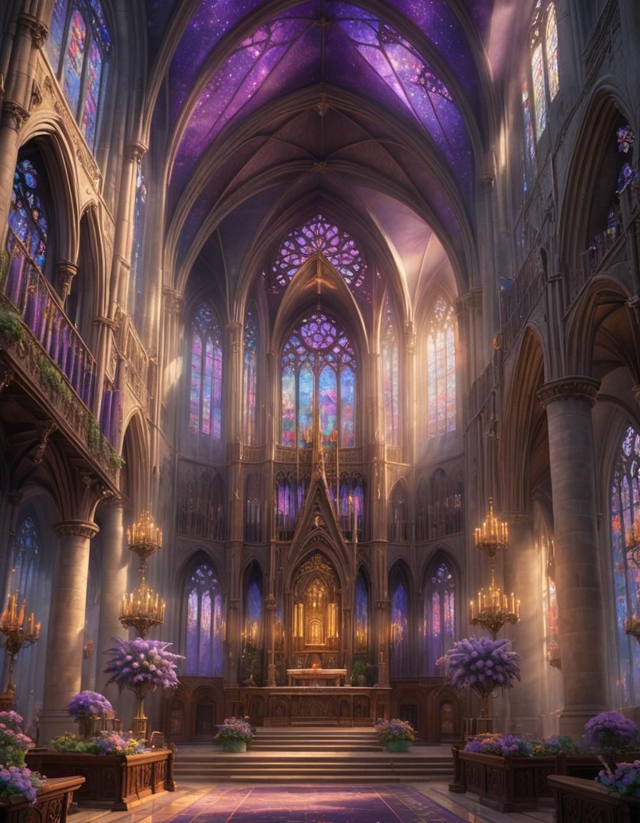 Dreamy Cathedral Scene with Stained Glass and Purple Blooms
