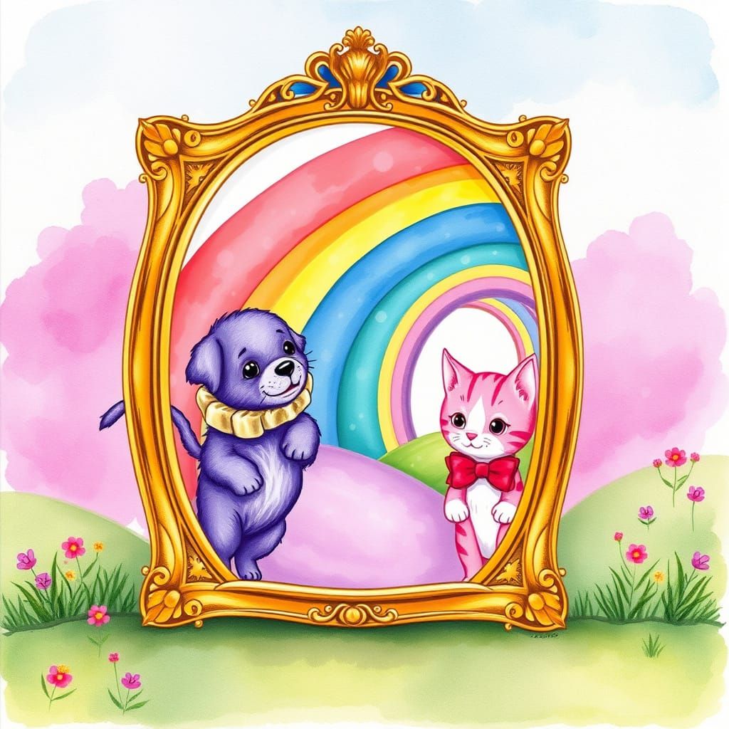 Whimsical Watercolor Wonderland with Purple Puppy and Kitten