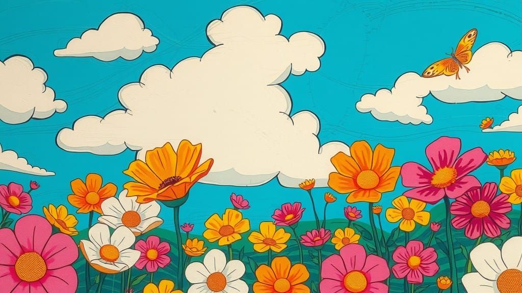 Vibrant Pop Art Landscape with Oversized Flowers and Cartoon...